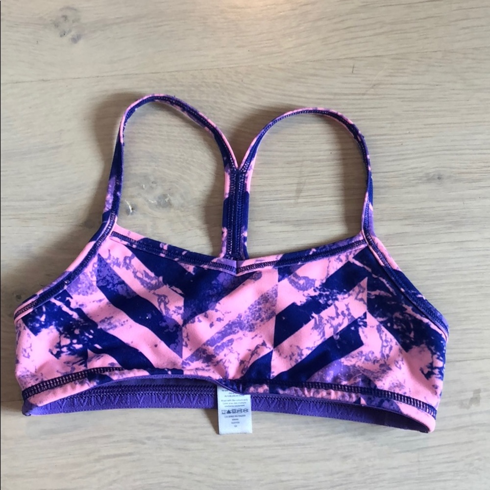 Pink and purple pattern sports bra